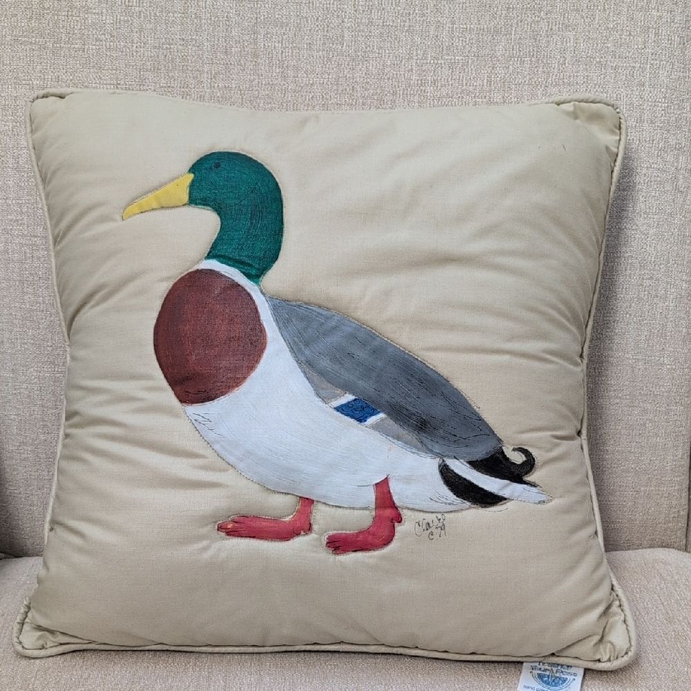 Vintage Hand Painted Mallard Duck Throw Pillow by Feather Your Nest